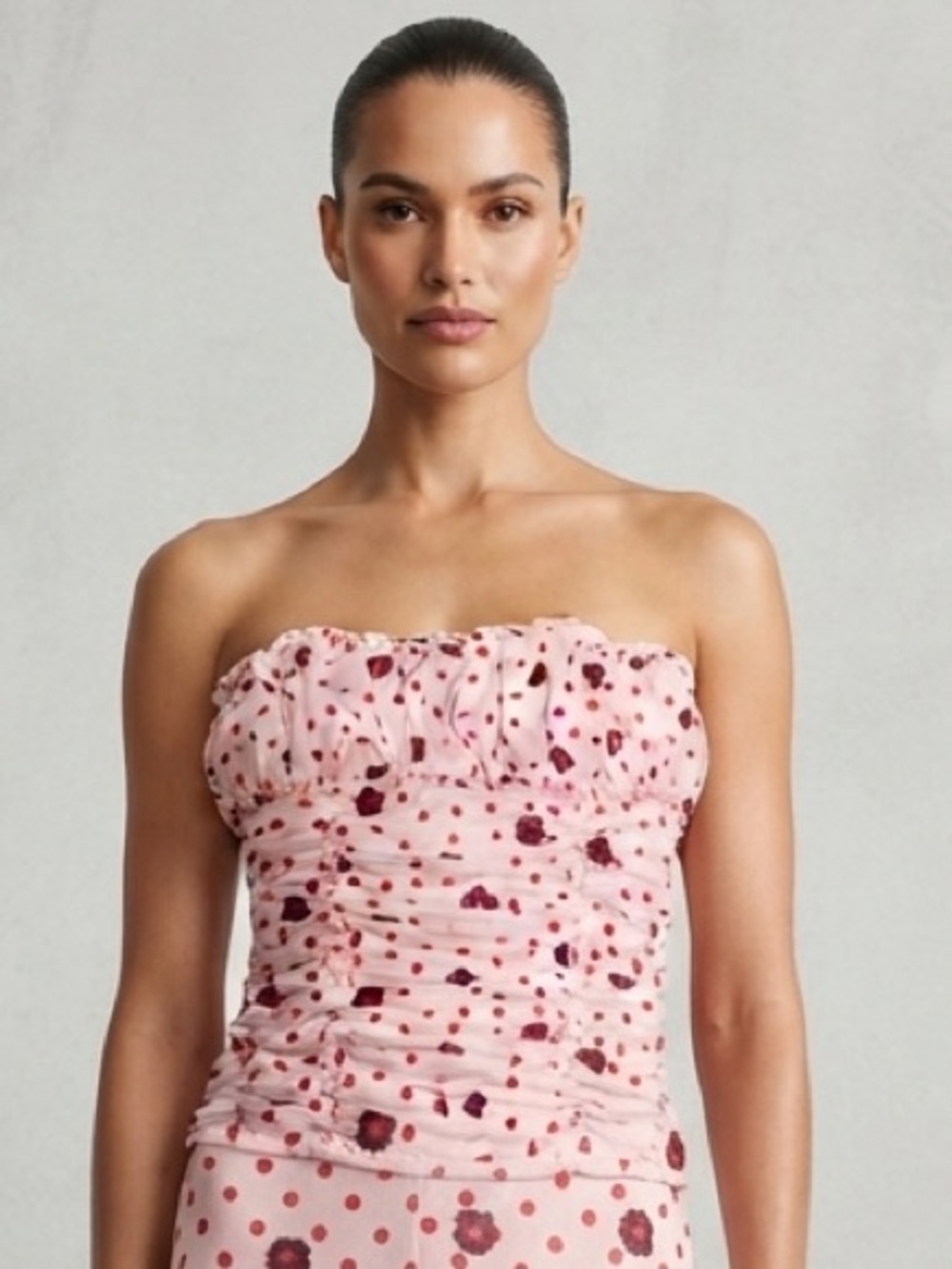 Free People Strapless Red Floral & Polka Dot Print Top